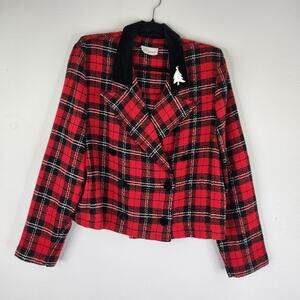 VTG Elegant Red Plaid Blazer Velvet Collar Double Breasted Christmas Jacket